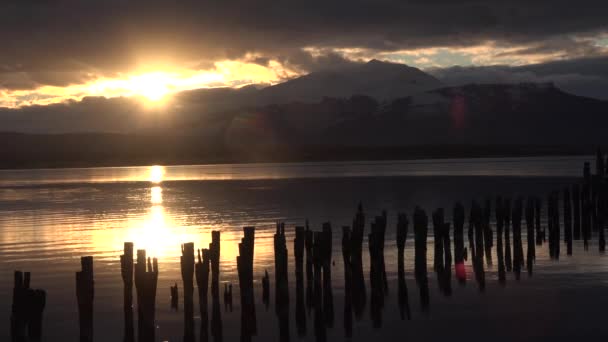 Patagonie. Chile. Krásný oranžový západ slunce na starém dřevěném molu, kde spí ptáci, slunce již zapadlo — Stock video