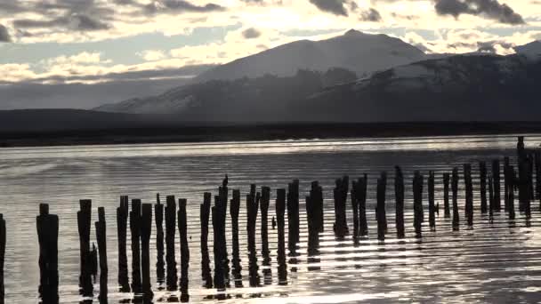 Patagonien. Chile. Sonnenuntergang über der alten Anlegestelle in Puerto Natales. — Stockvideo