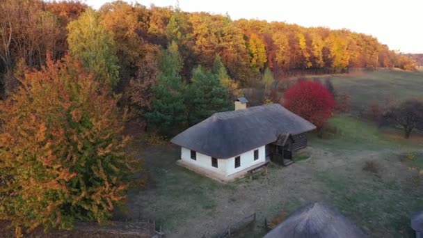 秋天从空中俯瞰基辅Pirogovo的乌克兰传统村庄。一大早在村子里，日出。木材厂，茅草屋顶 — 图库视频影像