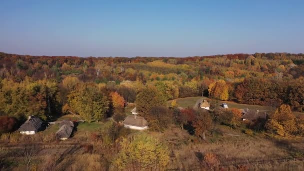 Sonbaharda geleneksel Ukrayna köyü üzerindeki hava manzarası, Pirogovo, Kiev. Köyde sabahın erken saatlerinde, gün doğumunda. Ahşap değirmenler, sazdan çatı — Stok video