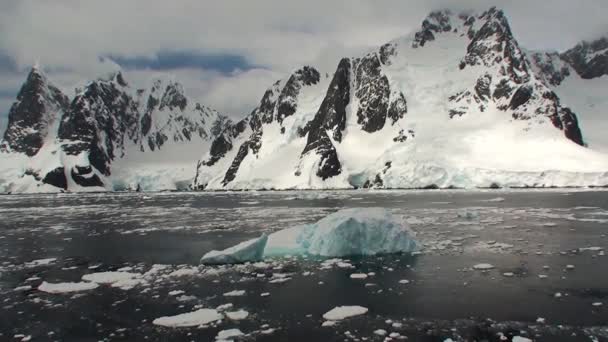 Antartide. Paesaggio di montagne innevate e spiagge ghiacciate in Antartide. Bellissimo iceberg blu con riflesso a specchio galleggia in mare aperto — Video Stock