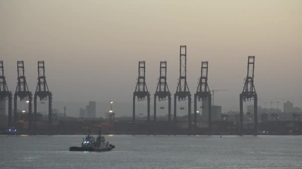 Porto marítimo. Guindastes portuários e ancoradouros. Instalação de fabricação industrial com guindastes e navios em docas. — Vídeo de Stock