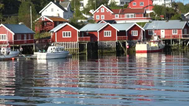 Lofoten-öarna. Berömda traditionella flerfärgat trä fiskehus rorbu på en havsstrand vid Lofoten skärgård, nu Norge — Stockvideo