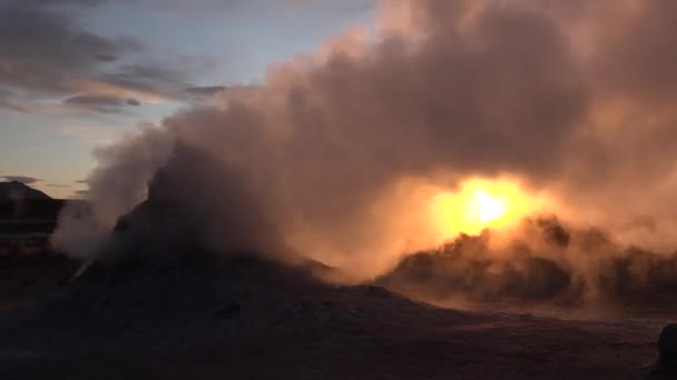 Geotermikus régió völgye füstölgő fumarolokkal és gejzírből folyó forró vízzel. — Stock videók