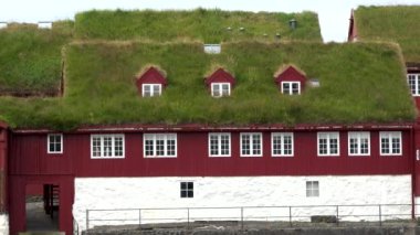 Deniz kenarında renkli evleri olan geleneksel İskandinav köyü