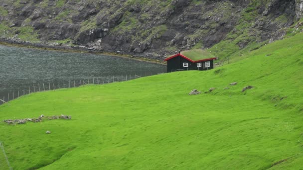 Tipikus skandináv falu színes házakkal a tenger mellett. Feröer szigetek. — Stock videók