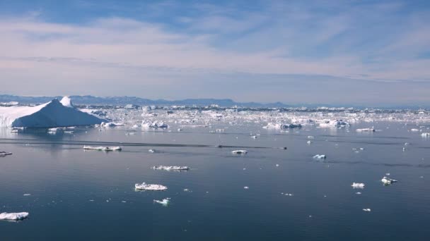 Ilulissat, Groenland. Enorme ijsbergen drijvend aan de kust van een gletsjer op een zonnige dag in Disko Bay. — Stockvideo