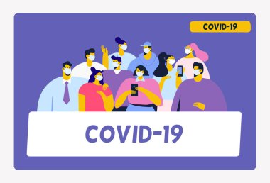 Coronavirüs salgını. Kendilerini virüsten koruyan tıbbi maskeler takan bir sürü insan. Düz Vektör illüstrasyonu