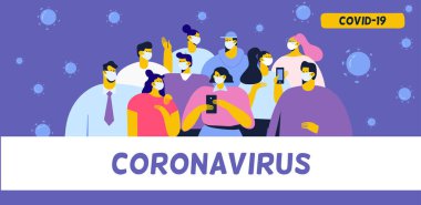 Coronavirüs salgını. Kendilerini virüsten koruyan tıbbi maskeler takan bir sürü insan. Düz Vektör illüstrasyonu