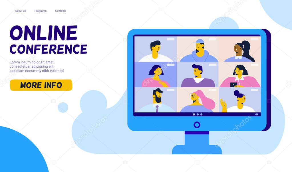 Group of people talking by internet. Conference video call. Coronavirus, quarantine isolation.Stream, web chatting, online meeting friends flat vector illustration.
