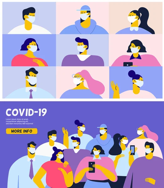 Coronavirüs Salgını Kendilerini Virüsten Koruyan Tıbbi Maskeler Takan Bir Sürü — Stok Vektör