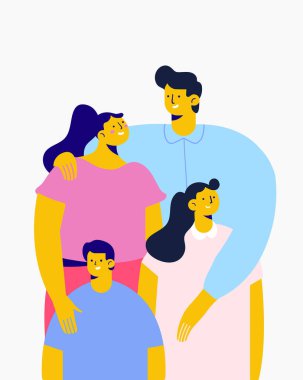 Mutlu aile birlikte - baba, anne, çocuklar. Düz vektör karikatür çizimi