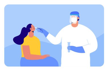 Coronavirus (COVID-19) test. Doctor taking or DNA test by nasal (nose) swab probe, patient being tested, lab analysis. Cartoon Flat Vector Illustration. clipart