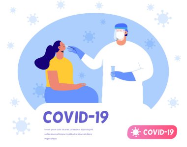 Coronavirus (COVID-19) testi. Doktor burun (burun) çubuğu ile DNA testi, test edilen hasta, laboratuvar analizi. Çizgi film Düz Vektör İllüstrasyonu.