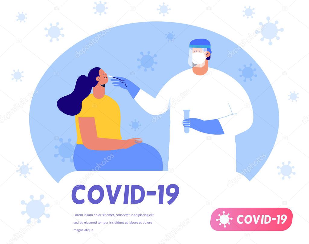 Coronavirus (COVID-19) test. Doctor taking or DNA test by nasal (nose) swab probe, patient being tested, lab analysis. Cartoon Flat Vector Illustration.