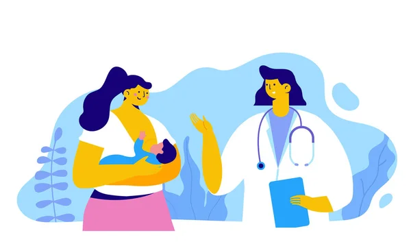 Consulta Con Mamífero Pediatra Mujer Sosteniendo Amamantando Bebé Doctor Hablando — Vector de stock