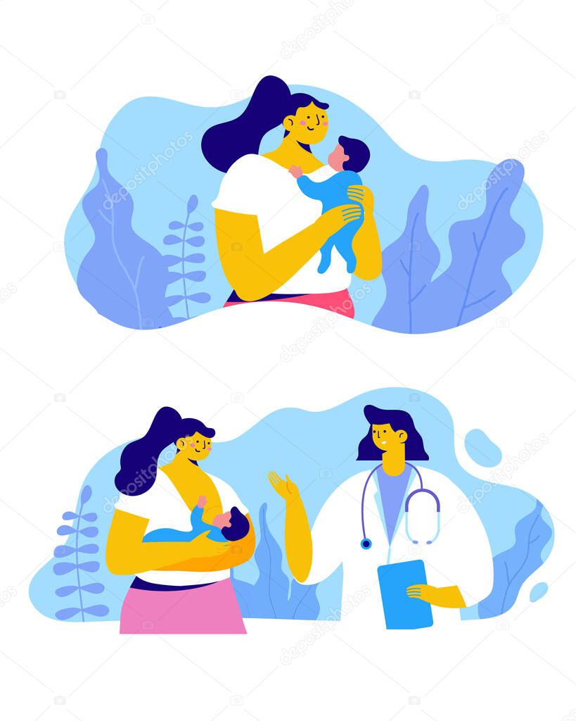 Consultation with a mammalogist or pediatrician. Woman holding and breastfeeding infant baby.  Doctor talking with young mother. Healthcare concept . Flat vector illustration