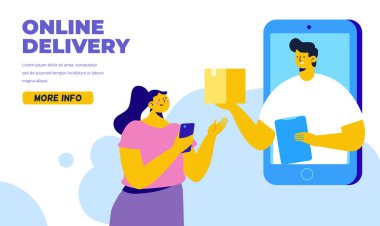 Genç bir kadın akıllı telefon ekranından teslimat servisi kuryesinden paket alıyor. Online alışveriş ve sipariş teslimatı için başvuru konsepti. İnternet Teslimat konsepti. Düz vektör illüstrasyonu