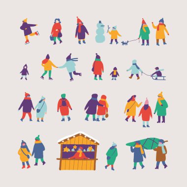 Kış insanları vektör kümesi. Noel pazarı ya da tatil fuarı. Açık hava festivali standı. Kış parkında sıcak giysiler içindeki mutlu insanlar. Düz vektör illüstrasyonu