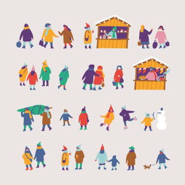 Kış insanları vektör kümesi. Noel pazarı ya da tatil fuarı. Açık hava festivali standı. Kış parkında sıcak giysiler içindeki mutlu insanlar. Düz vektör illüstrasyonu