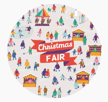 Noel pazarı ya da tatil fuarı. Açık hava festivali standı. Kış parkında sıcak giysiler içindeki mutlu insanlar. Düz vektör illüstrasyonu