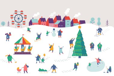 Kışın açık hava aktiviteleri. Düz vektör illüstrasyonu.