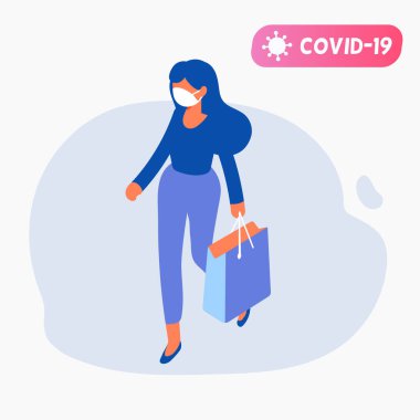 COVID-19 salgını sırasında süpermarketten alışveriş yapan maskeli bir kadın. Coronavirus panik satın alma. Alışveriş arabalı bir alıcı. Virüs önleme, maske takma, yiyecek ve erzak alma kavramı. Çizgi film düz vektör çizimi