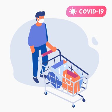 COVID-19 salgını sırasında süpermarketten alışveriş yapan maskeli bir adam. Coronavirus panik satın alma. Alışveriş arabalı bir alıcı. Virüs önleme, maske takma, yiyecek ve erzak alma kavramı. Çizgi film düz vektör çizimi