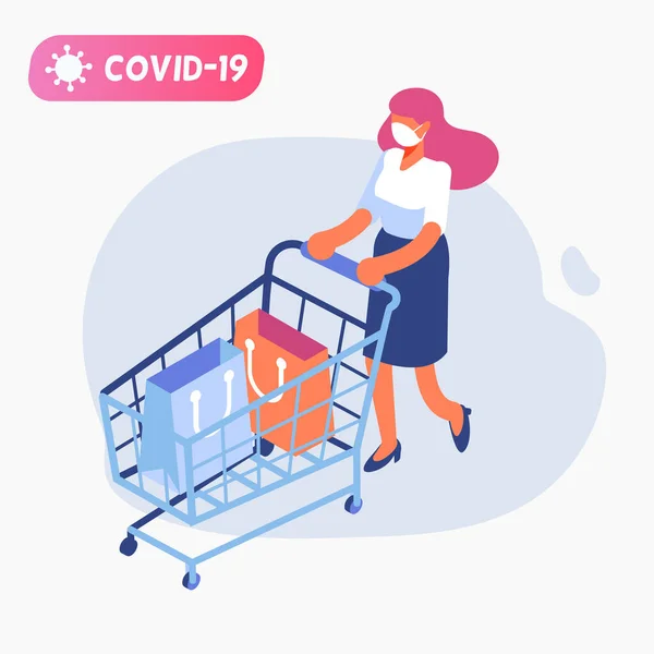Arcmaszkos Izometrikus Vásárol Szupermarketben Covid Járvány Idején Coronavirus Pánik Vásárlás — Stock Vector