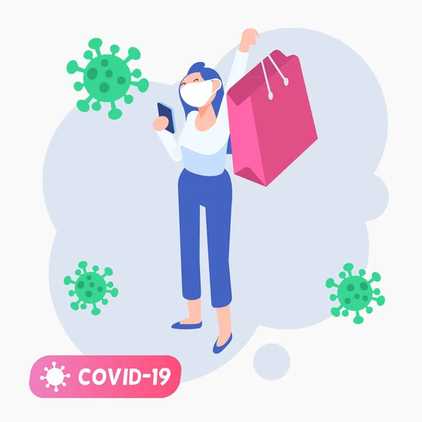 Covid Salgını Sırasında Süpermarketten Alışveriş Yapan Maskeli Bir Kadın Coronavirus — Stok Vektör