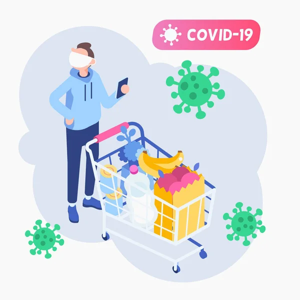 Homem Isométrico Rosto Mascara Compras Supermercado Durante Epidemia Covid Coronavírus — Vetor de Stock