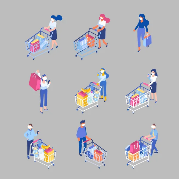 Covid 戴防护面具的人在超级市场购物 买购物车的防止病毒 戴口罩 购买食物和用品 卡通角色平面向量集 — 图库矢量图片
