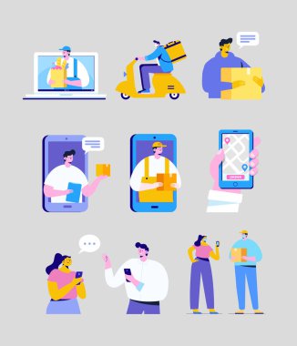 Çevrimiçi alışveriş ve sipariş vektörü ayarlandı. Teslimat servisi kuryesinden akıllı telefon ekranından paket alan adam. İnternet Teslimat konsepti. Düz vektör karakterleri