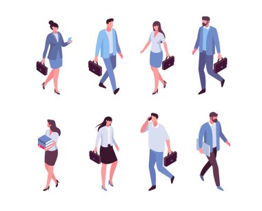 İzomerik iş adamları vektör kümesi. Yürüyen insanlar. Beyaz arkaplanda izole edilmiş düz vektör karakterleri.