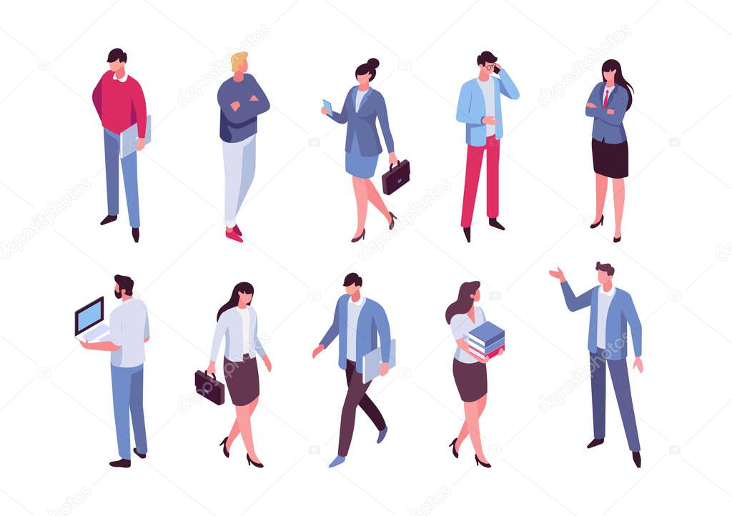 Office life. Isomeric business people vector set. Flat vector characters isolated on white background.	