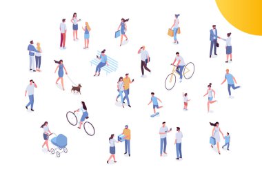 İnsanlar kalabalık, şehir sokakları. Farklı izomerik insan vektörleri beyaza izole edilmiş. Erkek ve dişi açık havada faaliyet gösteriyor. Köpekle yürümek, bisiklete binmek, kaykay yapmak, bankta oturmak..