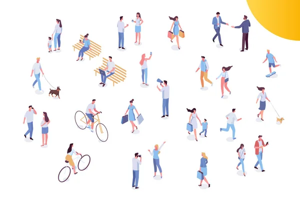 人々が群がり 街の通り 異なる異性体の人々ベクトルは白に隔離された設定します 男性と女性は屋外活動をしています 犬と歩く 自転車やスケートボードに乗る ベンチに座って — ストックベクタ