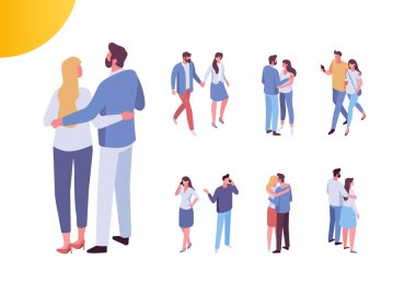 Birbirine aşık çiftler birlikte vakit geçiriyorlar, izometrik insan vektörü beyaza izole edilmiş. Erkekler ve kadınlar. 