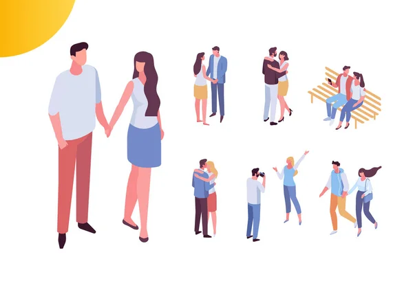 Couple Love Spending Time Together Isometric People Vector Set Isolated — Stock Vector