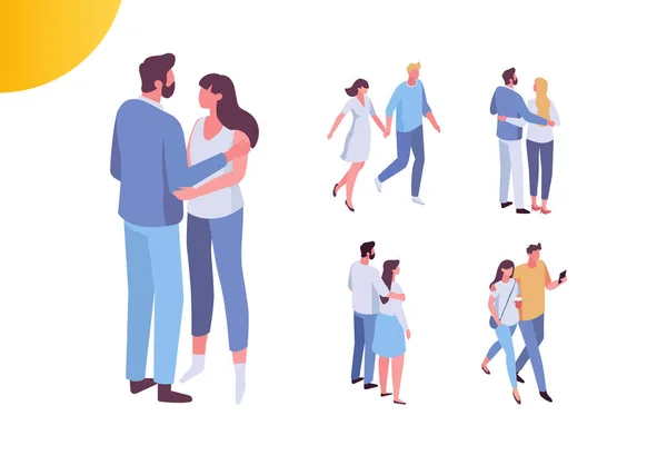 Couple Love Spending Time Together Isometric People Vector Set Isolated — Stock Vector