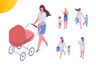 Çocukları olan ebeveynler beyaz arka planda izole edilmiş. Çocuklu mutlu bir aile, çocuklu bir anne. Ebeveynlik. Anne bakımı.