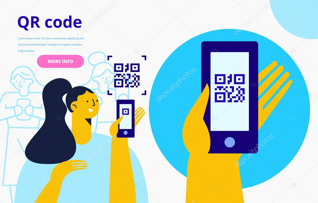 Capture qr code on mobile phone. Hand holding phone with Qr code. Flat vector illustration