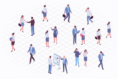 İzomerik iş adamları vektör kümesi. Ofis hayatı. Beyaz arkaplanda izole edilmiş düz vektör karakterleri.