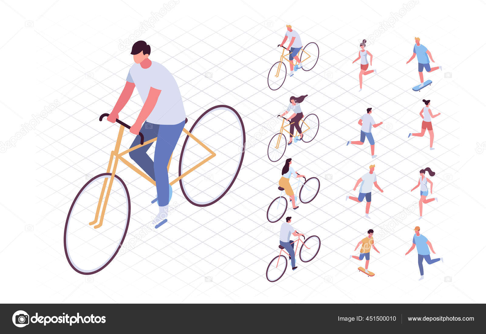 Isometric Vector People Doing Outdoor Activities Running Jogging Riding