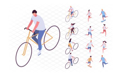 İzometrik vektör insanlar dışarıda koşuyor, koşuyor, bisiklete biniyor, kaykay yapıyor. Düz vektör seti, beyaz üzerine izole edilmiş