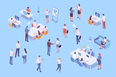 Isomeric office people vector set. Office life. Business people, Teamwork. Vector characters isolated on background.	