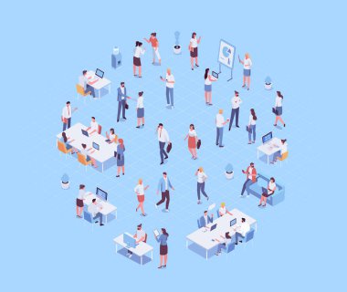 Isomeric office people vector set. Office life. Business people, Teamwork. Vector characters isolated on background.	