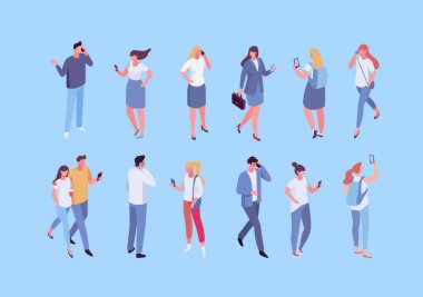 Isome 'lı insanlar telefonda konuşuyor. İletişim. Beyaz arka planda akıllı telefonları olan vektör erkek ve kadın karakterler