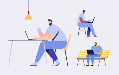 Dizüstü bilgisayarda çalışan adam düz vektör çizimi