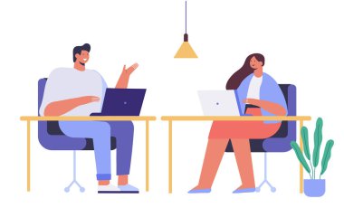 Laptop çizgi film çizimleri yapan insanlar. Erkek ve kadın.